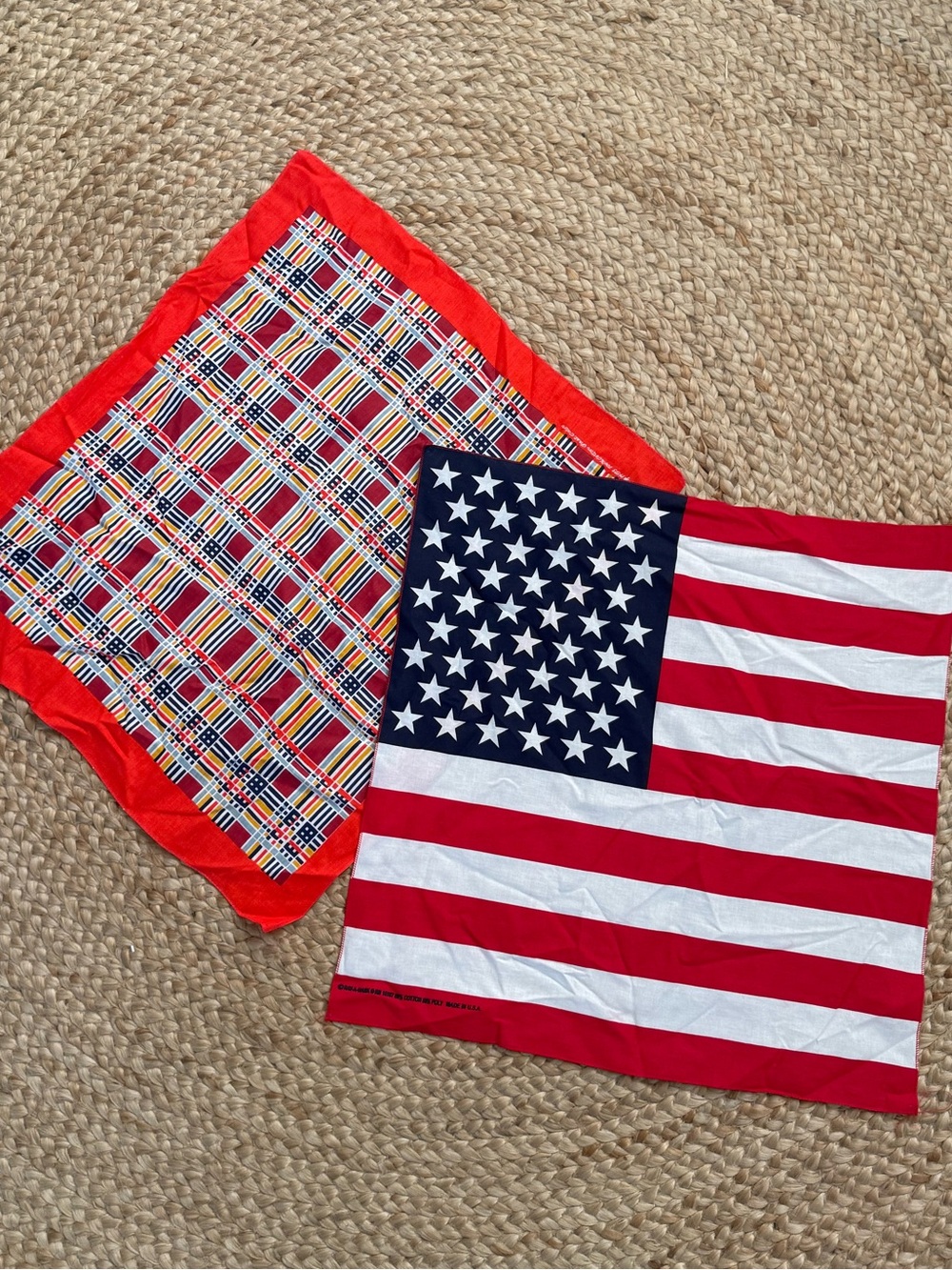 Vintage Americana Bandana Lot – 2 Red, White & Blue Cotton Scarves